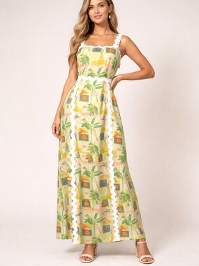 Sunny Green Tropical Print Maxi Dress with White Trim